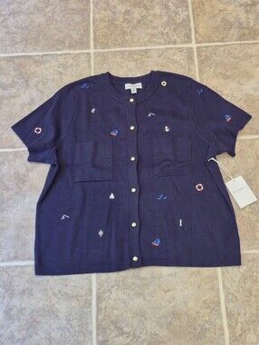 NWT Free Assembly Nautical Embroidered Navy Button-Front Cardigan Size XXL 20